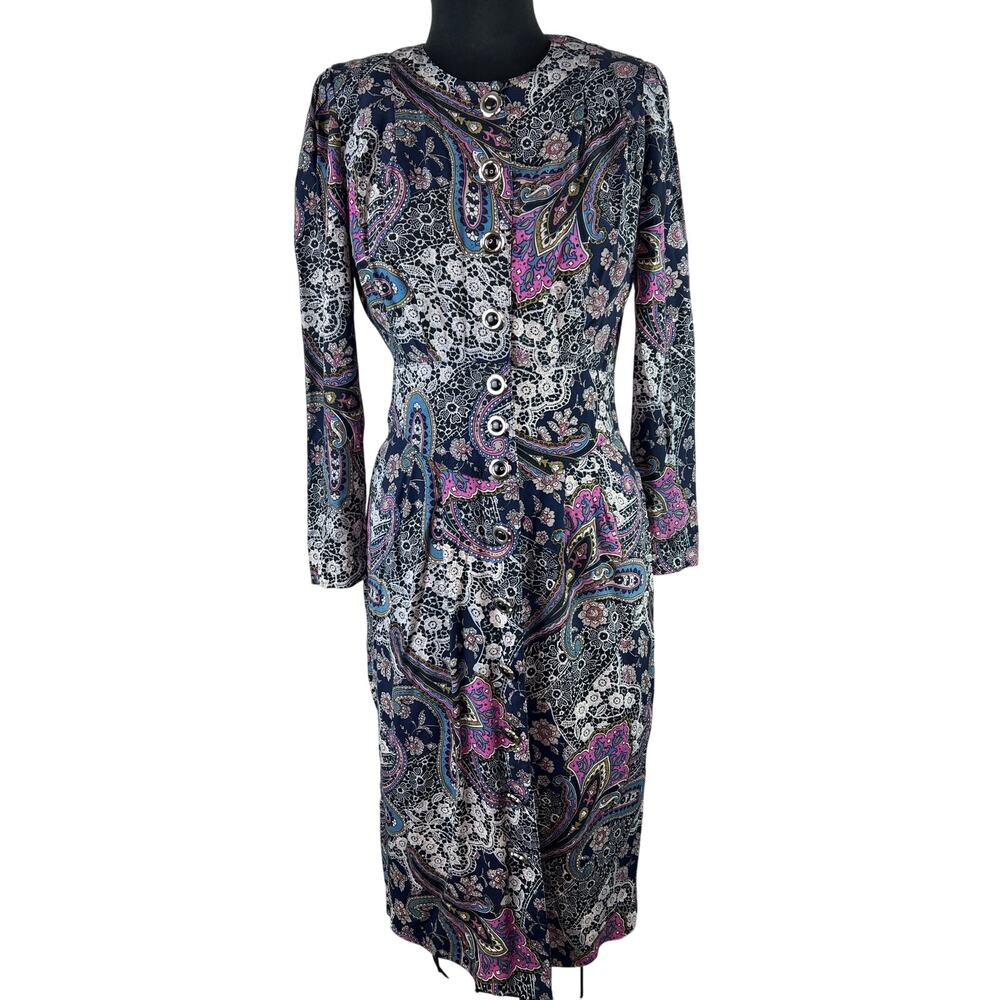 VINTAGE Success Dress Black Paisley Floral Print L/S Midi Dress USA VTG 5/6